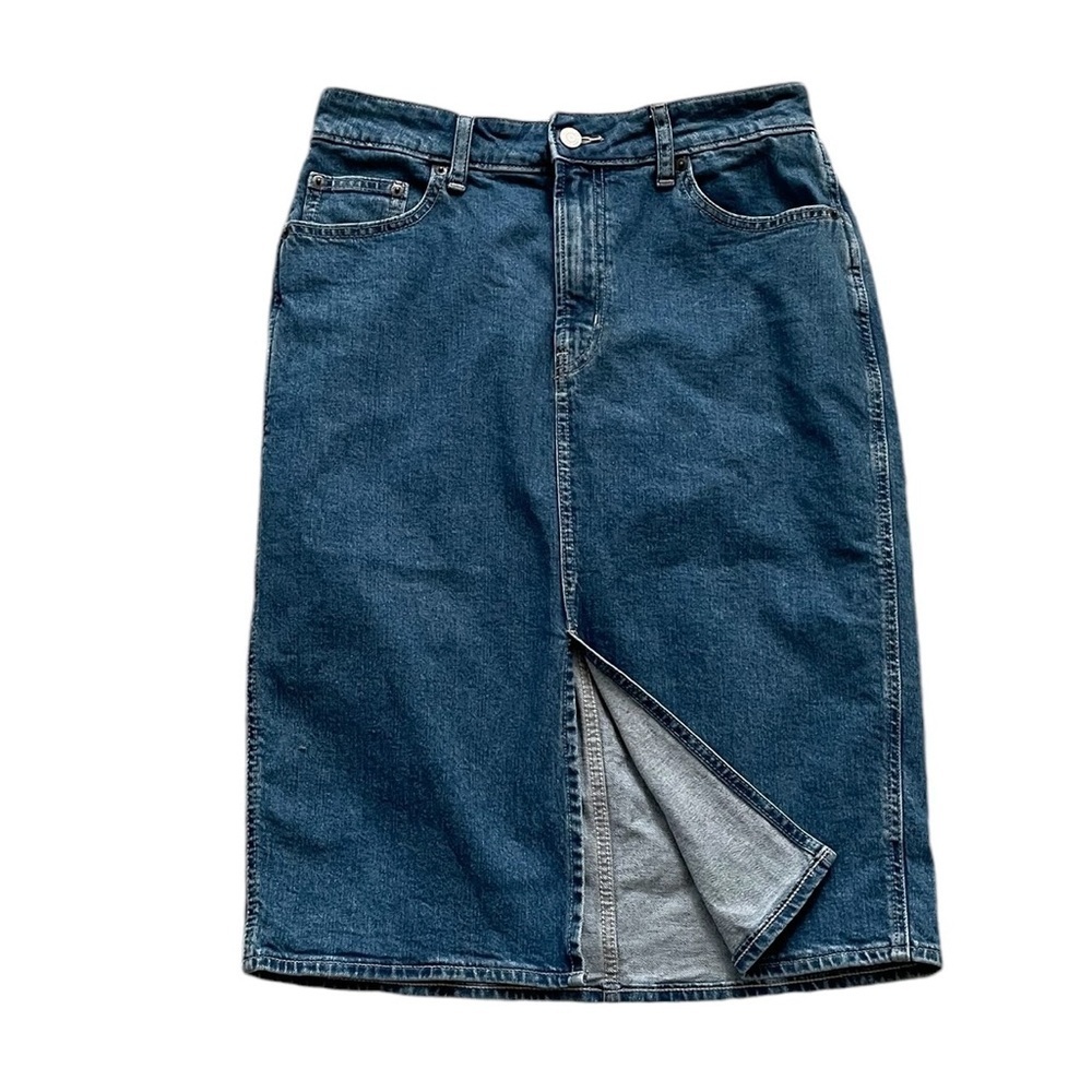Higher High-Waisted Button-Fly Midi Jean Pencil Skirt Size 7/28 - Picture 2 of 6
